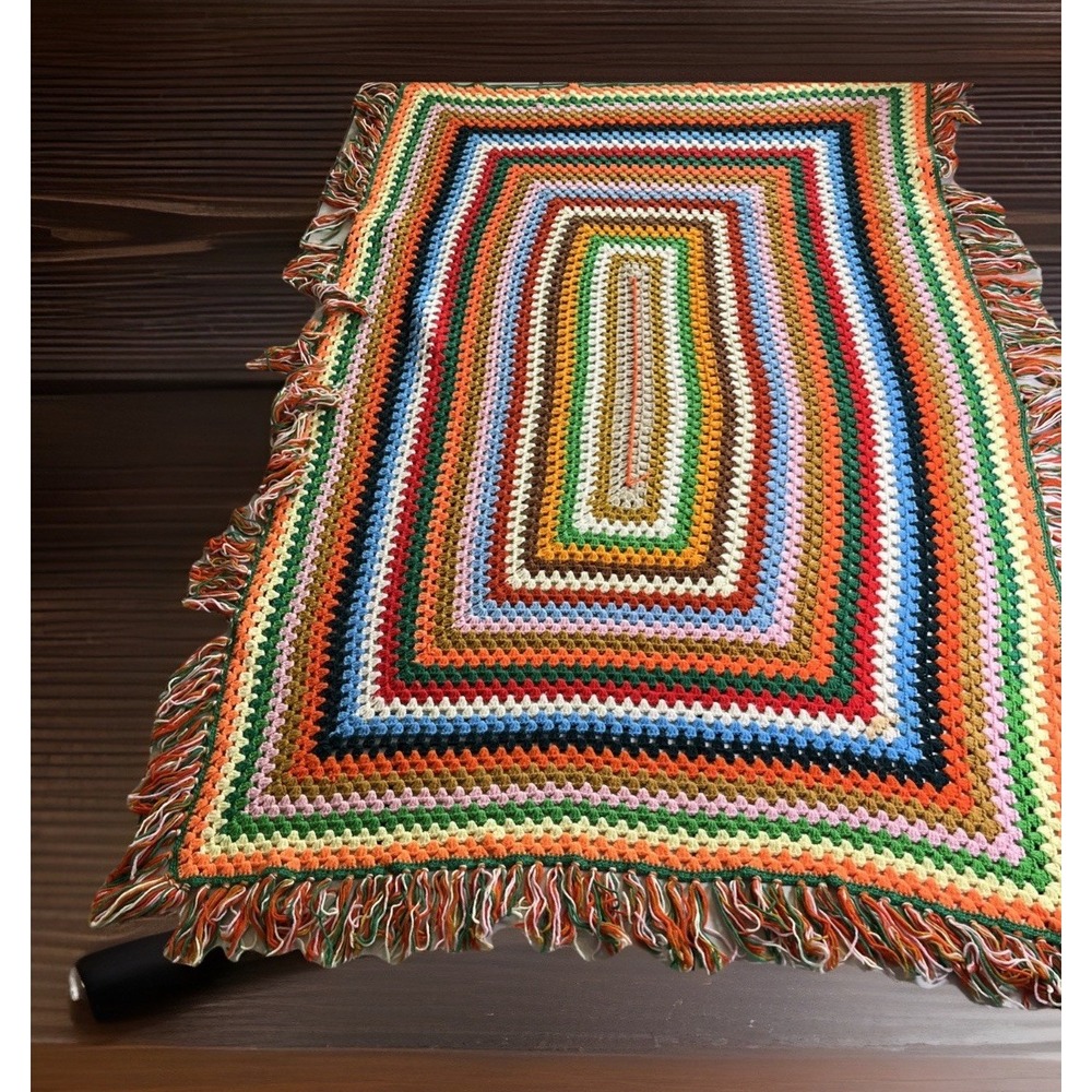 Vintage Granny Square Afghan Handmade Multicolor Crochet Bed Throw 82x55